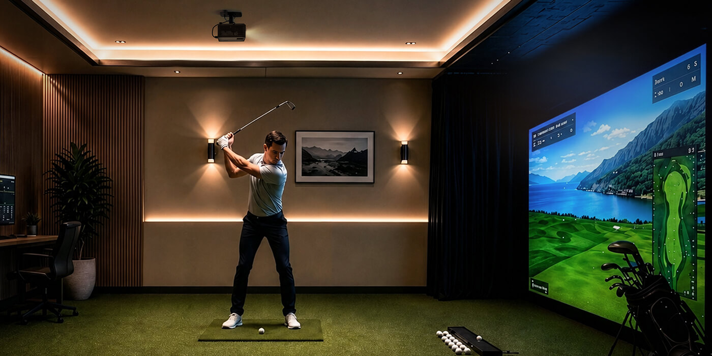 Golfer using a home golf simulator with an Optoma short throw projector mounted overhead for a flexible, shadow-free installation.